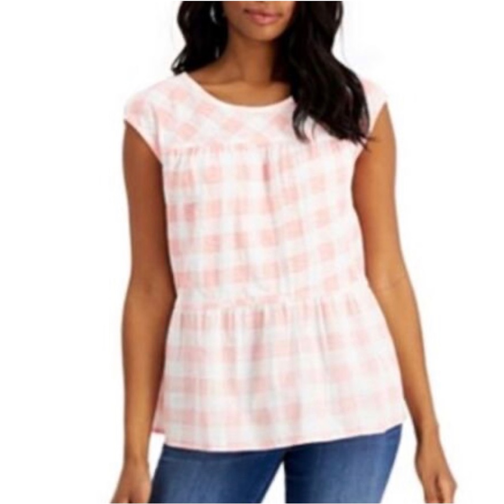 Style & Co Tiered Pink Gingham Mixed Media 100% Cotton‎ Top size M